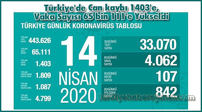 Türkiye'de Can kaybı 1403'e, Vaka Sayısı 65 bin 111'e Yükseldi