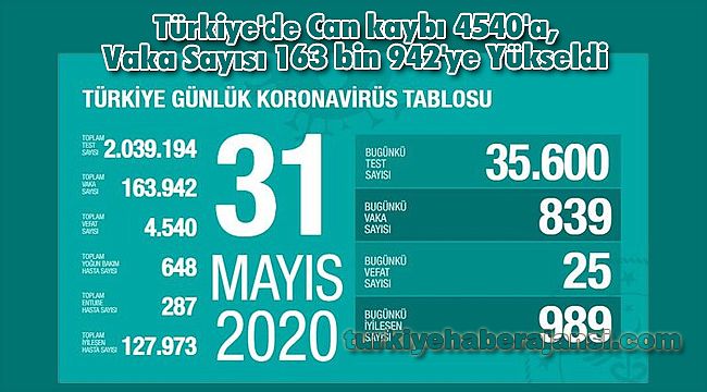 Türkiye'de Can kaybı 4540'a, Vaka Sayısı 163 bin 942'ye Yükseldi