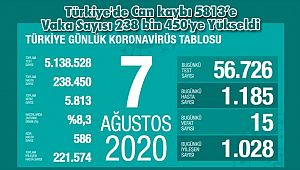 Türkiye'de Can kaybı 5813’e Vaka Sayısı 238 bin 450'ye Yükseldi