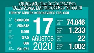 Türkiye'de Can kaybı 5996’ya Vaka Sayısı 250 bin 542’ye Yükseldi