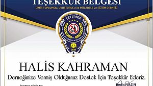 İzmir TUMED Gazeteci Kahraman'a TEŞEKKÜR belgesi verdi