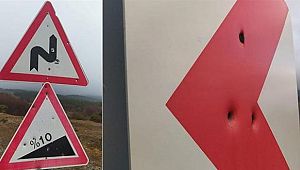 Trafik levhaları silahlı magandaların hedef tahtası oldu