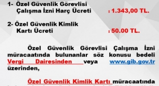 Özel Güvenlik Görevlisi Çalışma Harç Tutarları Duyurusu 