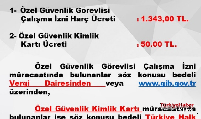 Özel Güvenlik Görevlisi Çalışma Harç Tutarları Duyurusu