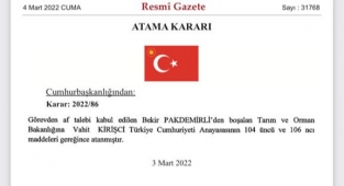 Tarım Bakanı Bekir Pakdemirli'nin Yerine Vahit Kirişci Atandı
